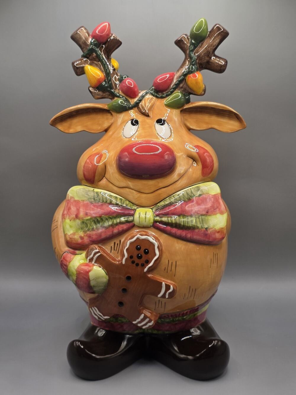 2003 Clay Art Reindeer 15" Ceramic Cookie Gingerbread Jar Hand Painted & Crafted